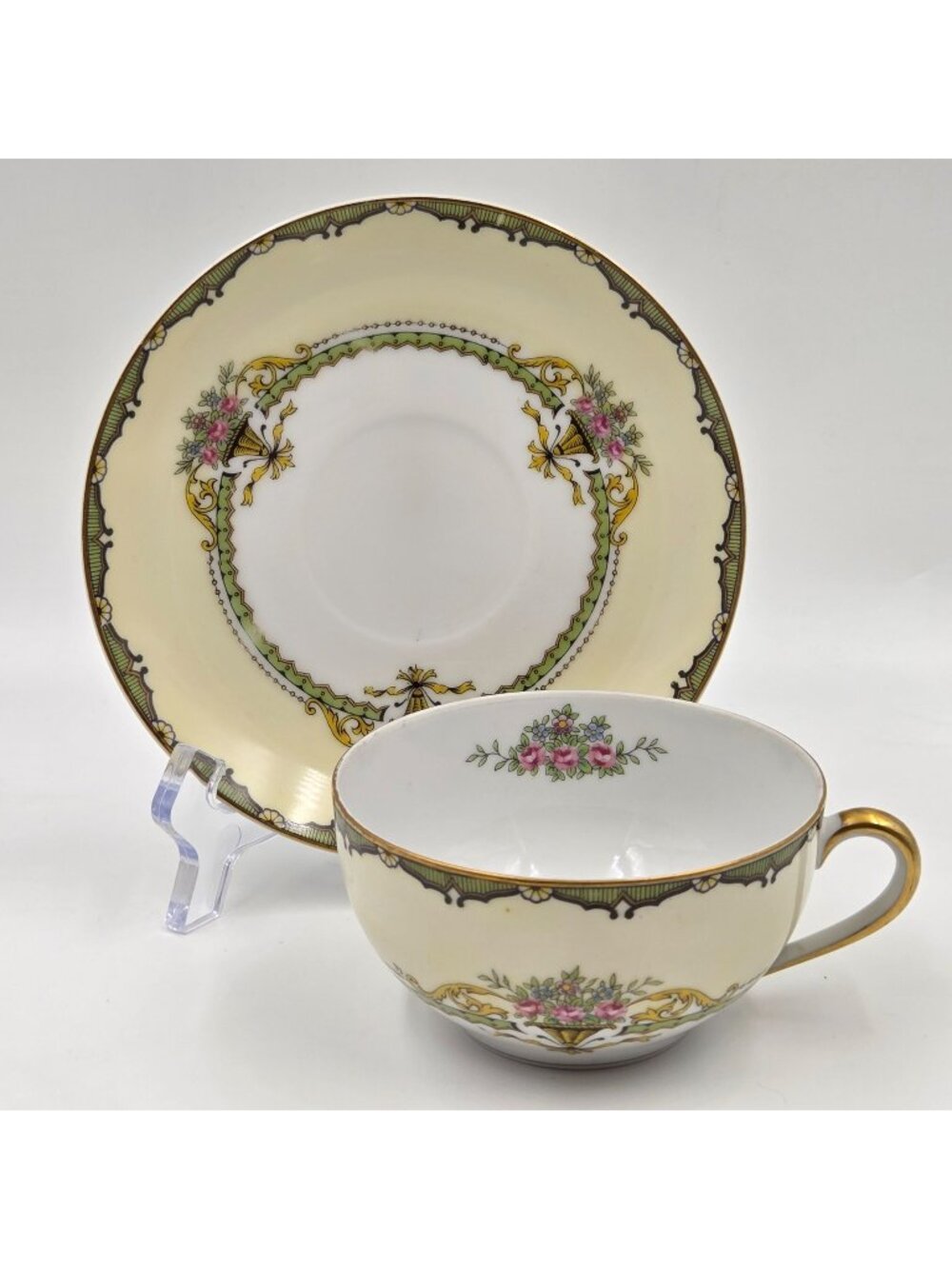 Noritake Penelope Single Flat Cup and Saucer Set Green Pink Roses Gold Trim